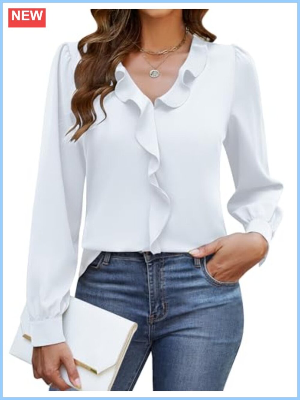 Women's Dressy Casual Ruffle V-Neck Long Sleeve Blouse Business Top